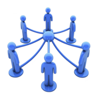 group of blue 3D figures are connected in network, symbolizing teamwork and communication. figures are arranged in circle, each linked to central hub, representing collaboration png