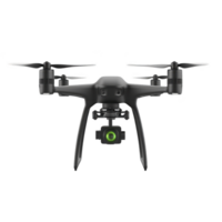 sleek black quadcopter drone with camera is shown, featuring four propellers and compact design. camera is centrally mounted, indicating its use for aerial photography or videography png