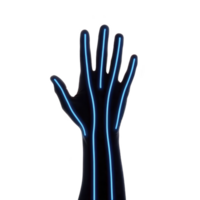 digital illustration of hand with glowing blue lines tracing fingers and palm, set against transparency background, creating futuristic and technological feel png