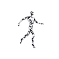 futuristic chrome humanoid figure is depicted in dynamic running pose, showcasing sleek, reflective surfaces and abstract patterns. design conveys sense of motion and modernity png
