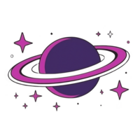 stylized illustration of purple planet with pink rings surrounded by stars, evoking sense of cosmic wonder and fantasy. vibrant colors and simple design create playful space theme png