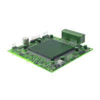green circuit board with various electronic components, including capacitors and connectors, is shown. intricate design highlights complexity and precision of modern technology png