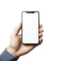 hand holding modern smartphone with blank white screen, isolated on transparency background. phone is held in relaxed grip, showcasing its sleek design and large display png