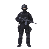tactical officer in full black gear stands confidently holding rifle, wearing helmet and face mask. uniform includes protective pads and various equipment, suggesting readiness for action png