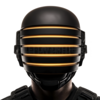 futuristic helmet with glowing horizontal lines creates sleek, modern look. dark, reflective surface contrasts with bright, illuminated stripes, evoking sense of mystery and technology png