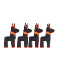 Four stylized black and red dog figures with glowing eyes stand in row, showcasing modern, geometric design. figures have sleek, angular appearance, emphasizing futuristic aesthetic png