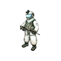 futuristic soldier white armored suit stands ready, holding rifle. soldier helmet features blue visor, and suit is equipped with tactical gear. scene conveys sense of readiness and advanced png