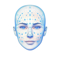 digital illustration of human face with network of blue nodes and lines represents facial recognition technology. futuristic design highlights concept of biometric identification png
