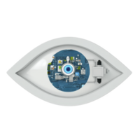 futuristic eye shaped design features digital circuit board at its center, symbolizing integration of technology and vision. blue circuitry contrasts with white frame, evoking innovation png