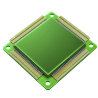green computer microchip with gold connectors, showcasing intricate electronic design and technology. chip is square with visible pins, highlighting its role in computing hardware png