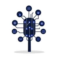 digital tree with interconnected nodes represents technology and communication, featuring icons for various digital functions. dark blue color scheme adds futuristic feel png