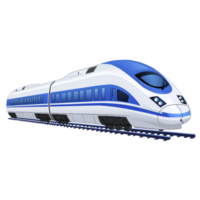 sleek, modern high speed train with blue and white design, showcasing aerodynamic features and large windows, traveling on railway tracks png