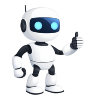 friendly robot character with white and black body gives thumbs up gesture, showcasing positive and approachable demeanor. robot design features sleek, modern look with glowing blue eyes png