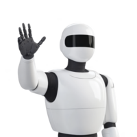 humanoid robot with sleek white design and black accents is waving its hand in friendly gesture. robot features smooth, rounded head with black visor, and articulated joints for movement png