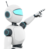 futuristic robot with sleek white and black design is pointing forward, showcasing advanced technology and innovation. robot glowing blue accents add modern touch png