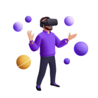 person wearing virtual reality headset is joyfully interacting with floating spheres digital environment. scene is vibrant with purple and gold colors, creating futuristic and immersive atmosphere png