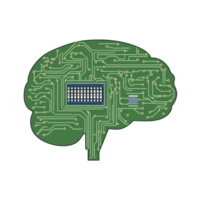 digital illustration of brain shaped circuit board, symbolizing artificial intelligence and technology integration. design features intricate pathways and microchips, highlighting innovation png