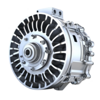 detailed image of metallic automotive component, possibly electric motor or alternator, showcasing intricate design and engineering. shiny surface and complex structure highlight precision png