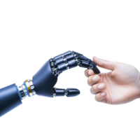 robotic hand and human hand reach towards each other, symbolizing connection between technology and humanity. image conveys sense of collaboration and innovation png