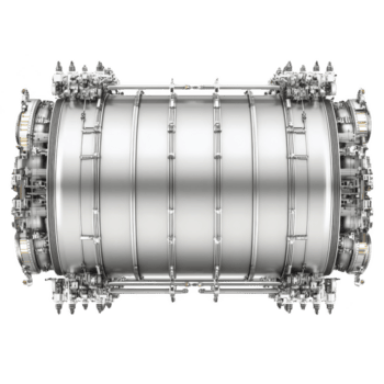 detailed view of metallic cylindrical turbine engine component, showcasing intricate engineering and industrial design. silver structure features complex mechanical parts and precision png
