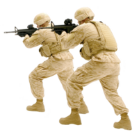 Two soldiers in desert camouflage uniforms are aiming rifles, demonstrating tactical stance. They wear helmets and protective gear, emphasizing readiness and focus in military setting png