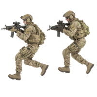 Two soldiers in tactical gear are running with rifles, showcasing teamwork and readiness. They wear camouflage uniforms, helmets, and protective gear, emphasizing military precision and focus png