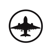 silhouette of airplane is centered within circular border, creating simple and bold aviation themed design. image conveys sense of travel and adventure png