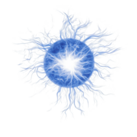 glowing blue energy sphere with electric tendrils radiates outward, creating dynamic and powerful visual effect. bright center contrasts with darker edges, giving sense of movement and intensity png