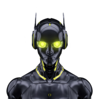 futuristic robot with glowing yellow eyes and sleek black armor stands against plain background, exuding sense of advanced technology and innovation png