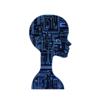 silhouette of human head filled with blue circuit patterns symbolizes integration of technology and human intelligence. design evokes futuristic and innovative atmosphere png