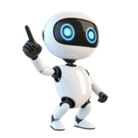 This features cute, futuristic robot with white and black body, blue glowing eyes, and friendly expression, pointing upwards. robot design is sleek and modern, suggesting advanced technology png