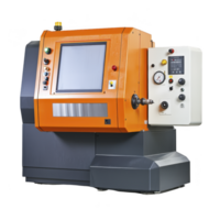 This shows industrial CNC machine with orange control panel and digital display, used for precision manufacturing. machine features various buttons and pressure gauge.CNC machine with orange png