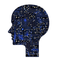 silhouette of human head is filled with intricate circuit patterns, symbolizing fusion of technology and human mind. design is illuminated with blue highlights, evoking sense of innovation png