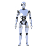 humanoid robot with sleek, metallic design stands upright, showcasing advanced technology and futuristic aesthetics. Its reflective surface and articulated joints highlight innovation png
