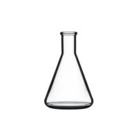 clear glass Erlenmeyer flask with narrow neck and wide base, commonly used in laboratories for mixing and heating chemicals. flask is empty and isolated on transparency background png