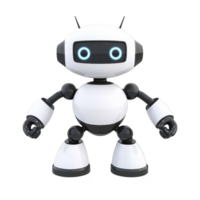 cute, futuristic robot with white and black design stands with friendly expression, featuring glowing blue eyes and antennae. Its round body and limbs give it playful appearance png