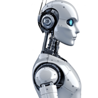 sleek humanoid robot with futuristic design stands in profile, showcasing intricate mechanical details and glowing blue eye, symbolizing advanced technology and innovation png