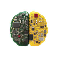 brain shaped circuit board split into two halves, one green and one yellow, symbolizes fusion of technology and human intelligence. intricate design highlights complexity of modern electronics png