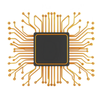 detailed illustration of microchip with intricate gold circuits extending outward, symbolizing advanced technology and connectivity. design is symmetrical and futuristic png