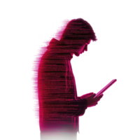 silhouette of person holding tablet is highlighted by glitch effect with vibrant pink and red hues, creating digital and futuristic atmosphere png