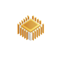 3D illustration of microchip with gold and white color scheme, featuring square shape and vertical lines representing pins. design is modern and sleek, symbolizing technology and innovation png