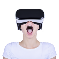 person wearing virtual reality headset appears amazed, with open mouth, against transparency background. headset is sleek and modern, suggesting immersive experience png