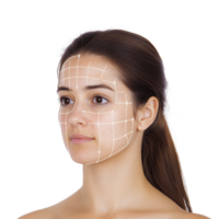 woman with serene expression has digital grid overlay on her face, symbolizing facial recognition technology. grid highlights facial features for analysis png