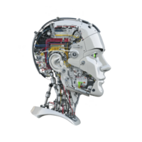 detailed side view of humanoid robot head reveals intricate internal mechanisms, showcasing wires, circuits, and mechanical components. design highlights advanced technology and engineering png