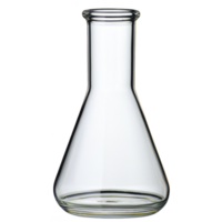 clear glass Erlenmeyer flask with narrow neck and wide base, commonly used in laboratories for mixing and heating chemicals. transparent design allows easy observation of contents png
