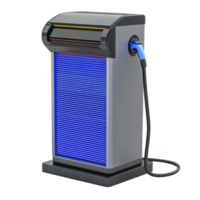 Electric vehicle charging station with sleek design and blue LED lights, featuring connected charging cable. modern structure is ideal for urban environments png