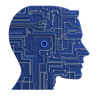 blue silhouette of human head is filled with intricate circuit patterns, symbolizing integration of technology and human intelligence. design evokes sense of innovation and connectivity png