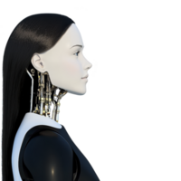 futuristic humanoid robot with visible mechanical components in neck area, showcasing advanced technology and sleek design. robot has human like face and dark hair png