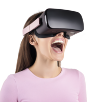 woman wearing virtual reality headset appears excited and engaged, showcasing immersive experience of VR technology. headset is sleek and modern, complementing her casual attire png
