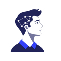 stylized illustration of person profile with network of connected nodes symbolizing thought processes or neural connections. image uses dark blue color palette, creating modern and abstract feel png